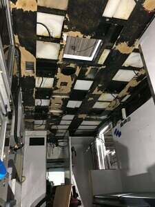 Ceiling with rigid foam insulation panel removed. White squares are polyester insulation batting